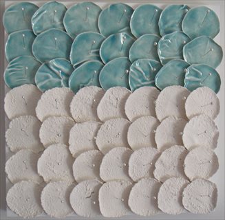 Ocean [2010] porcelain, glaze, timber + corsage pins 40x40cm